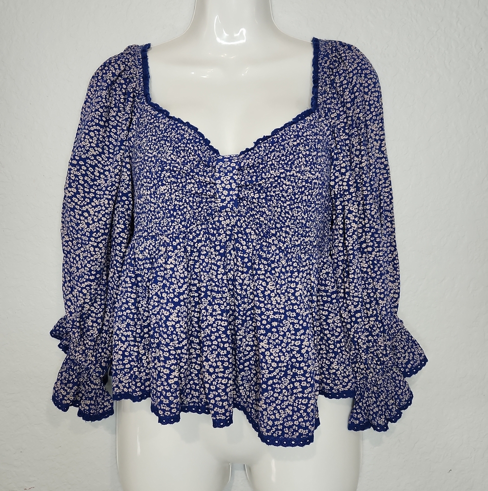 Free People Navy Blue Ditsy Floral Peplum Blouse